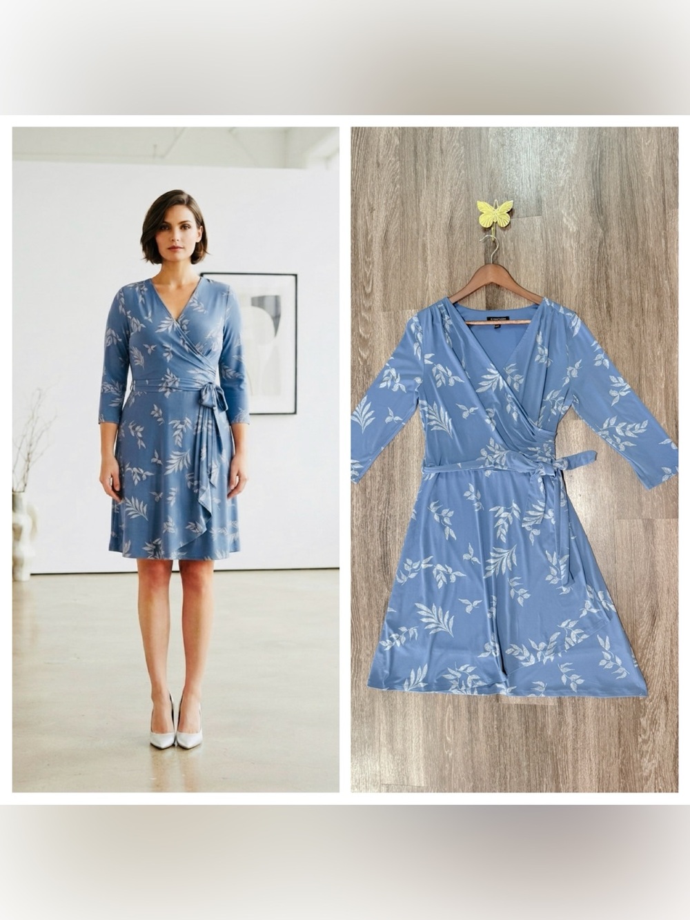 41 Hawthorn Blue White Floral Wrap Dress V-Neck Tie Waist 3/4 Sleeve L Stretch